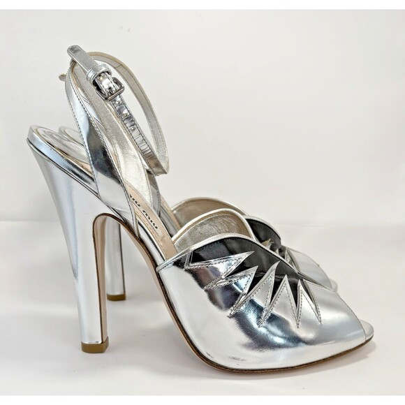 Miu Miu Silver Leather Metallic & Black Two-Tone Heels Ankle Strap Sz EU 40 - Picture 1 of 12